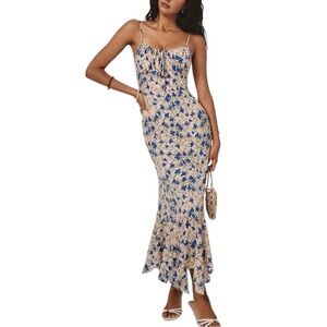 Commense Blue Floral Print Spaghetti-Strap Maxi Dress Small NWT Ruffle Hem Rayon